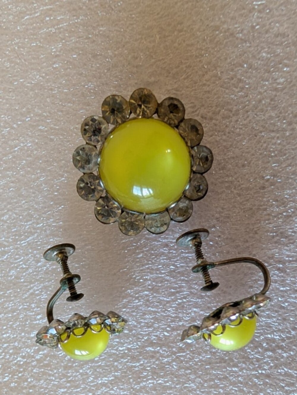 Vintage Yellow Cabochon and Crystal Screw-Back Earrings and Brooch Set